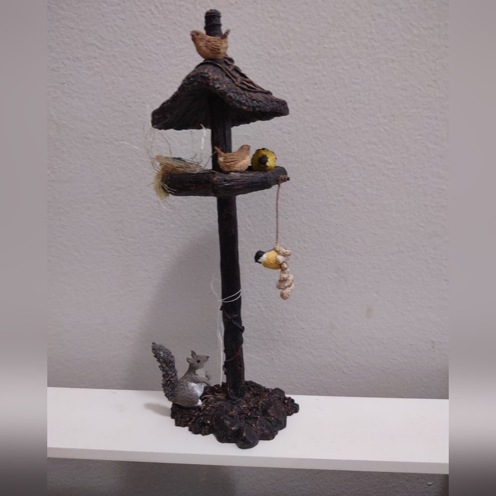 Rustic Bird Feeder with Birds and Squirrel Figurines